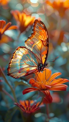 two butterflies sitting on top of some orange and yellow flowers with blurry lights in the background