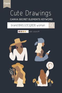 Canva Pro keywords for cute drawings in Canva elements! Find secret design elements in Canva Pro. You can change colors of these elements in Canva. Simply search the secret codes for aesthetic illustrations and scroll through these and even more beautiful elements. Code is: brand:BAELG3CQ8D8 woman Canva Secret Code, Canva Secrets, Canva Codes Elements, Canva Pro Elements, Canva Hacks