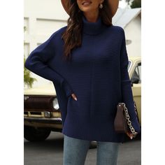 Navy Blue Turtleneck Side Split Pullover Knit Sweater Blue Ribbed Outerwear For Winter, Winter Blue Ribbed Outerwear, Blue Ribbed Knit Outerwear, Blue Long Sleeve Turtleneck For Fall, Blue Turtleneck Outerwear For Fall, Blue Textured Knit Long Sleeve Top, Blue Knitted Turtleneck Top, Blue Oversized Turtleneck Top, Oversized Blue Turtleneck Top