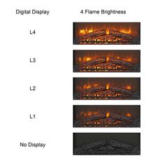 four different views of a fireplace with flames and logs in the bottom row, top left side