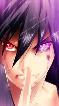 an anime character with purple eyes and black hair holding his hand up to his face