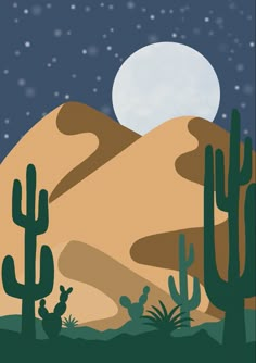 a desert scene with cacti, cactus and the moon in the sky at night