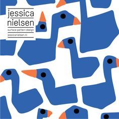 a blue and orange duck pattern on a white background with the words jesica nielsen