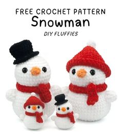 three crocheted snowmen with hats and scarfs