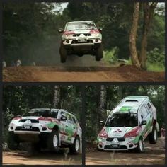 four different cars driving down a dirt road with trees in the backgrouds