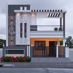 a modern style house with white and grey exterior design on the front, side and top floors