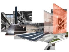 an artistic collage of people walking up and down the stairs in a large building