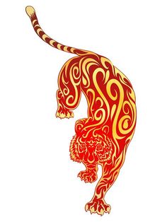 a red and yellow tiger with swirls on it's body is standing in the air