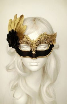 Venetian style black and gold masquerade ball mask covered with black satin. Embellished with gold lace, braided trim, black beads, black satin rose and gold feathers. Your order will be delivered with online tracking by DHL or UPS. Back surface is also covered with fabric for comfortable Elegant Halloween Costume Eye Mask, Elegant Halloween Eye Mask, Elegant Eye Mask For Halloween, Black Full Face Carnival Masks, Black Full Face Masquerade Accessories, Black Full Face Masquerade Costume Accessories, Full Face Masquerade Mask For Halloween Party, Full Face Halloween Masquerade Mask For Party, Full Face Party Masks For Halloween