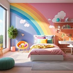 a bedroom decorated in pastel colors with a rainbow painted on the wall and floor