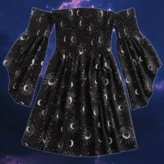 Never Worn Outer Space Outfit Aesthetic, Summer Fitted Witchy Dress, Fitted Witchy Mini Dress For Summer, Astronomy Outfit, Black Long Sleeve Witchy Mini Dress, Space Clothes, Space Themed Outfits, Romwe Dress, Celestial Dress