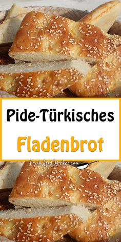 two pieces of bread with sesame seeds on them and the words, side - turkishs fladenbrot