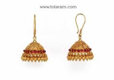 22 Karat Gold "Lakshmi Kasu" Hook Earrings - Jhumkas (Buttalu) - Gold Dangle Earrings With Beads - 235-GJH2404 - in 13.550 Grams for USD $1159.99. 
Made in India by Totaram Jewelers Online this product is in Gold - 22 Karat BIS Hallmark 916 KDM Gold  & is an excellent gift for Adult - Women. Ships fully insured with secured guaranteed delivery for free with your order over $250 from New Jersey USA & comes with 30 days exchange policy. Hook Jhumkas Gold, Buttalu Gold, 22k Gold Earrings, Earrings With Beads, Gold Jewelry Stores, Gold Dangle Earrings, Temple Jewellery, Gold Earrings Dangle, Gifts For Adults