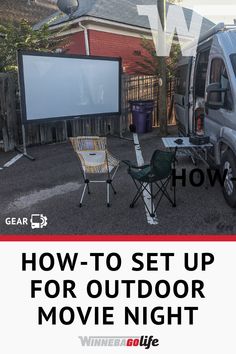 an outdoor movie night is set up in the backyard with chairs and a large screen