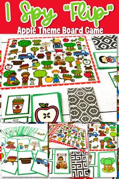 an apple theme board game with the words i spy flap on it and pictures of apples,