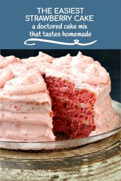 easy strawberry cake from Call Me PMc with frosting on glass cake plate Fluffy Strawberry Cake, Strawberry Cake Mix Recipes, Easy Strawberry Cake, Strawberry Cake Easy, Pan Sin Gluten, Strawberry Cake Mix, Strawberry Dessert Recipes, Creamy Recipes, Strawberry Cake Recipes