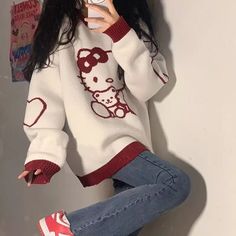 100% Brand New and High Quality. Material: Polyester, Cotton. Size: As shown on size chart. Hello Kitty Outfit, Kitty Clothes, Hello Kitty Clothes, Fluffy Sweater, Trendy Sweaters, Casual Tops For Women, Loose Sweater, Really Cute Outfits, Kawaii Clothes