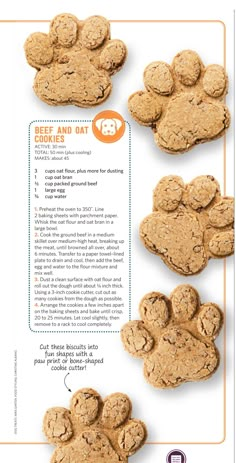 an advertisement with cookies and dog paw prints on it's back side, including the words