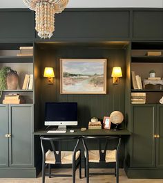 a desk with a computer on top of it in a room filled with bookshelves