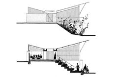 two drawings of people walking up and down the stairs in front of an open air building