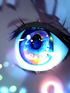 an anime eye with blue and purple colors