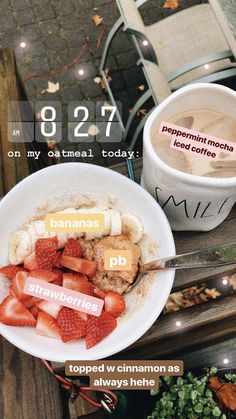 two cups of coffee with strawberries and bananas in them next to each other on a table