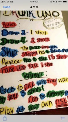 a poster with words written on it that say drunk unos and draw 2 shots