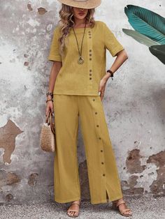 EMERY ROSE Women's Summer Loose Fit Short-Sleeved Shirt With Button Decor And Wide Leg Pants Suit | SHEIN USA Summer Outfits 2024 Fashion Trends Women, Mode Batik, Design Kurta, Stylish Outfits For Women Over 50, Wide Leg Pant Suit, Color Combos Outfit, Blouse Casual Fashion, Button Decor, Summer Suit