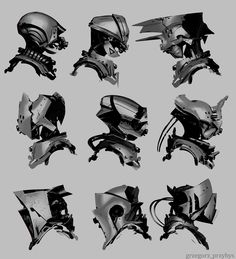 several different types of helmets are shown in black and white