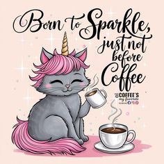 a cat with a unicorn horn drinking coffee