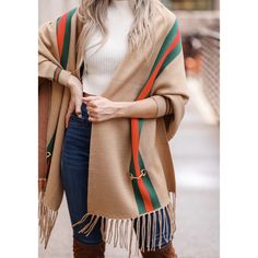 Designer inspired poncho with trendy stripe detail and gold bit accent hardware. Ribbed sleeves at each arm with loose wrap body for easy wear and styling.   One size Cotton blend 72" L x 28" W   New with tags. In excellent condition. Original price $134.00. Cashmere Poncho, Camo Jacket, Cropped Hoodie, Easy Wear, Plaid Scarf, Black Hoodie, Vest Jacket, Equestrian, Zip Ups