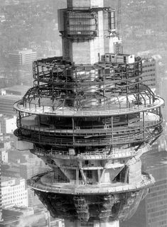 an aerial view of a building with scaffolding around it