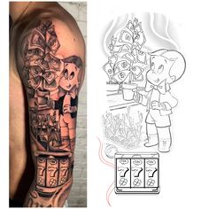 a man's arm with tattoos on it and an image of a cartoon character