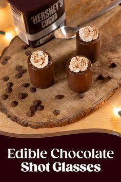 edible chocolate shot glasses Holiday Party Buffet, Chocolate Shot Glasses, Chocolate Shot, Shot Glass Mold, Chocolate Shots, Kabob Skewers, Hershey Cocoa, Shot Cups, Holiday Dessert