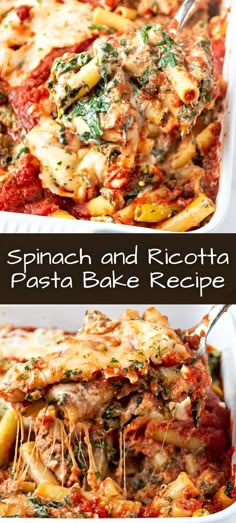 spinach and ricotta pasta bake recipe in a casserole dish