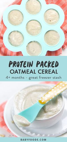 an oatmeal is in a muffin pan and the words, protein packed oatmeal cereal are above it