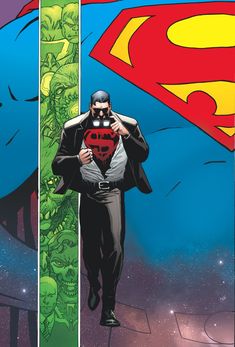 superman and the green lantern are in front of an image of a man with a red cape