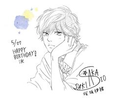 a drawing of a man with his hand on his face and the words happy birthday to him