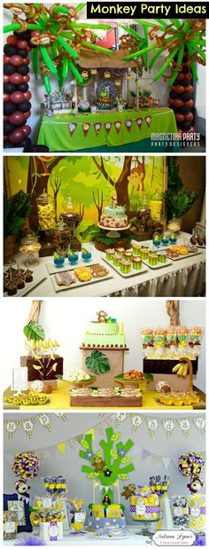 the dessert table is set up for a monkey themed birthday party with lots of food and decorations