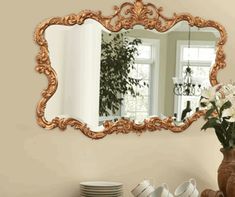 Gold Leaf Mirror with Decorative Textured Frame - Home Decor & Things Are Us Wood Wall Mirror, Accent Mirror, Rectangle Mirror, Round Wall Mirror, Gold Walls, Mirrors Wayfair, Mirror Designs, Beveled Glass, New Wall