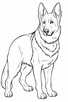 a black and white drawing of a german shepherd dog standing in front of a white background