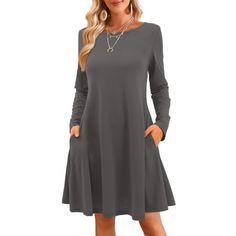 Fancyglim Women's Long Sleeve T-Shirt Dress Casual Swing Dress with Pockets A versatile addition to your wardrobe, this women's crew neck casual swing dress is a soft and cozy choice for every day wear across different seasons. The women's sundress loose fit that won't fit snugly against the body and elegantly hangs down to the knees, providing ample coverage. This short dress has a versatile and minimalist style, suitable for wearing at home or on business trips, and its slim flared shape compl Women's Sundress, Womens Dresses Casual, Dress Long Sleeve Casual, Shirt Dress Long, Loose Mini Dress, Shirt Dress Casual, Long Shirt Dress, Dress Long Sleeve, Long Sleeve Shirt Dress