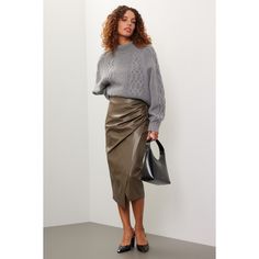 Green faux leather (100% Polyurethane). Midi. Zipper closure. 33" from waist to hemline. Imported. Green Leather Pencil Skirt, Pencil Skirt Crop Top, Skirts Green, Maxi Pencil Skirt, Faux Leather Pencil Skirt, Skirt Crop, Formal Skirt, Wool Pencil Skirt, Crop Top Skirt