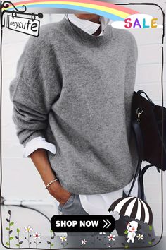 Casual and Fashionable Winter Pullover Chic Sweater For Fall Day Out, Chic Fall Sweater For Day Out, Gray Sweater For Workwear, Chic Relaxed Fit Long Sleeve Sweater, Chic Solid Color Fall Sweater, Chic Long Sleeve Sweater With Relaxed Fit, Chic Long Sleeve Relaxed Fit Sweater, Oversized Cozy Workwear Tops, Chic Crew Neck Sweater For Day Out