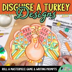 a turkey design is shown with markers and crayons