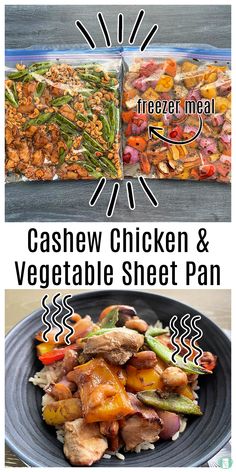 cubes of chicken, snow peas, cashews, purple onion, red pepper, and yellow pepper in clear bags and then in a bowl over rice Healthy Chicken Freezer Meals, Pan Freezer Meals, Chicken And Veggie Sheet Pan, Sheet Pan Cashew Chicken, Cashew Chicken Sauce, Veggie Sheet Pan, Chicken Sheet Pan, Cashew Chicken Recipe, Chicken Freezer Meals