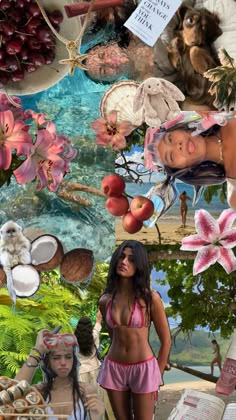 a collage of pictures with women in bikinis and other things on the table