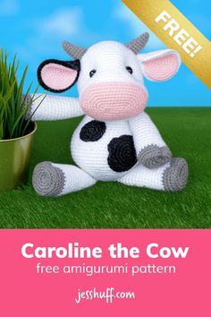 a crocheted cow sitting in the grass next to a potted plant with text reading