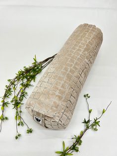 a roll of toilet paper sitting on top of a white table next to some plants