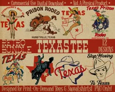 an old poster advertising some kind of rodeo show in texas, with images of women and men on it